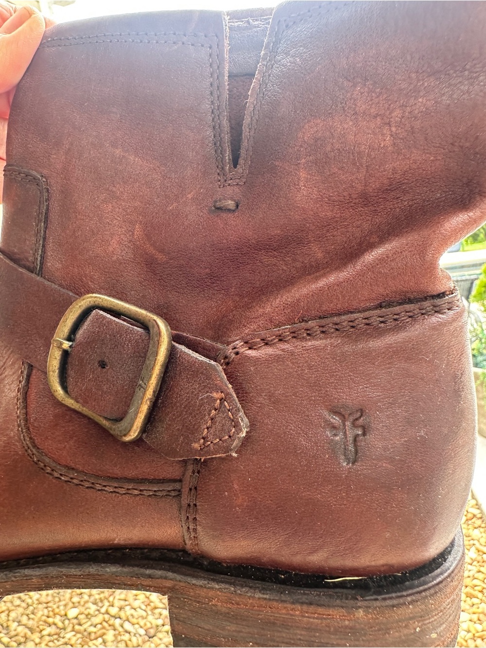 Frye Brown Leather Harness Boots with Brass Buckle